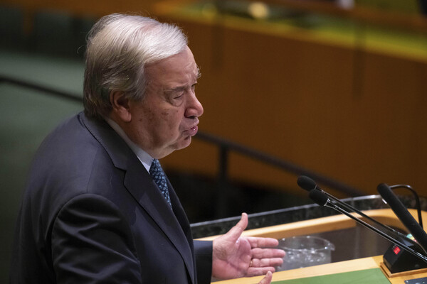 안토니우 구테흐스 유엔 사무총장은 28일 뉴욕 유엔본부에서 열린 '팔레스타인 문제의 평화적 해결과 두 국가 해법 이행을 위한 고위급 회의'에서 개막 연설을 하고 있다. 2025. 07. 28 [AP=연합뉴스]