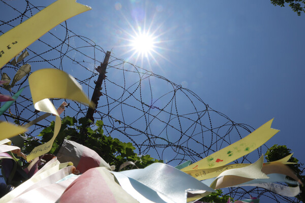 폭염이 기승을 부린 11일 경기도 파주시 임진각에서 태양빛이 민간인통제선 철책에 걸린 통일 기원 리본 위로 내리쬐고 있다. 2025.7.11 연합뉴스