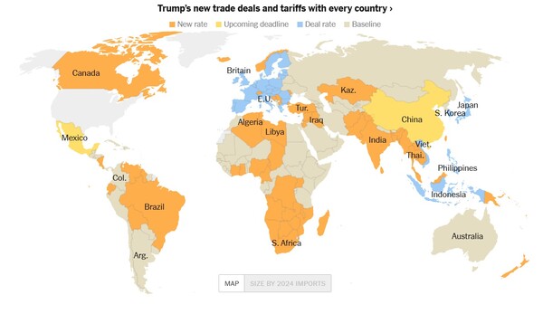 트럼프 관세 지도. 주황색은 새 관세율 부과국, 노란색은 협상시한 임박한 국가들, 하늘색은 협상타결된 국가들, 미색은 베이스 라인(기본 관세) 국가들.   뉴욕타임스 8월 1일