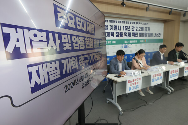 4일 오전 서울 종로구 경제정의실천시민연합에서 '주요 5대 재벌 계열사 및 업종 현황 발표 및 재벌 개혁 촉구 기자회견'이 열리고 있다. 2024.6.4 연합뉴스