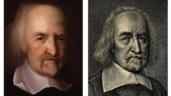 토마스 홉스.의 초상화. 오른쪽은 윌리엄 페이스혼의 선각화(부분), 1668년. (위키피디아)