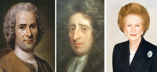 토마스 홉스의 영향을 받은 영국의 정치, 사상가. 왼쪽부터 장 자크 루소, 존 로크, 마거릿 대처. (위키피디아)