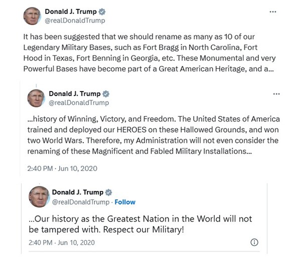 트럼프는 첫 임기 당시 남북 전쟁 당시 남부 장군들의 이름을 딴 미국 군사기지의 명칭을 그대로 지켜야 한다는 주장을 폈다. 
