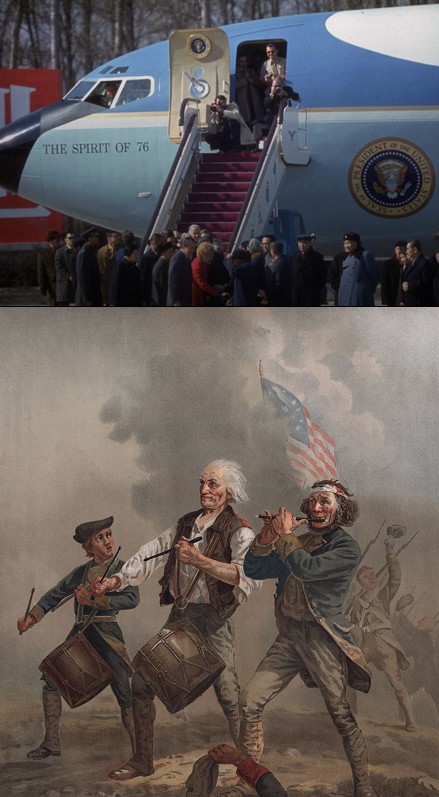 (위 사진) 중국의 총리 저우언라이는 닉슨과의 대화에서 대통령 전용기에 적힌 'The Spirit of 76'를 기억했다 그리고 닉슨의 중국 방문은 여러면에서 혁명적이라 평했다. (아래 사진) 'The Sprit of 76'는 미국의 혁명 정신을 드러내는 미술 작품의 제목이기도 하다. 이길주 시민기자 제공