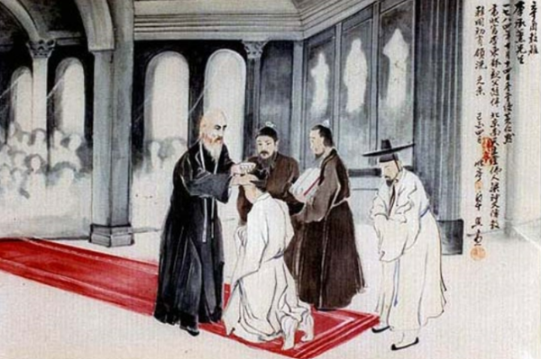 ​이승훈이 중국 북경의 북천주당에서 그라몽 신부에게서 세례를 받는 모습을 담은 탁희성의 기록화.