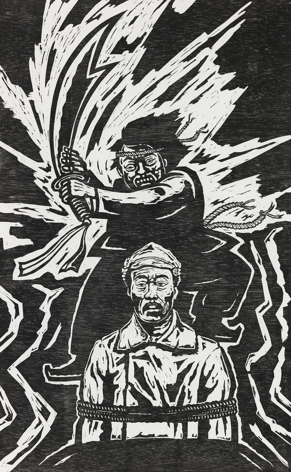 전정호 작 ‘광란’(90x60cm 목판화) “독립의 흔적을 지우고 친일, 식민사관을 주입 하려는 움직임이 곳곳에서 자행되고 있다. 때마침 히노마루의 가려운 데를 긁어주는 자가 나타났으니 이 어찌 기쁘지 않으랴. 사형집행 하루 전 회자수에게 술과 고기를 내려 마음껏 먹게 한다. 술 취한 채 다음날 몸도 가누지 못한 채 칼춤을 추며 내리친 칼이 어찌 일도가 되겠는가. ‘광란’ 2023년 계묘년 취중에 빠져있는 회자수의 미친 칼춤에 위대한 독립운동가의 업적이 난도질당해 허공에 뿌려지고 장군의 슬픈 귀향을 우리는 비통함으로 보고 있다.”