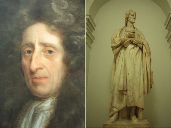 런던 국립 초상화 박물관에 소장돼 있는 존 로크의 초상화(왼쪽)와 런던대학교에 있는 조각상. (위키피디아)