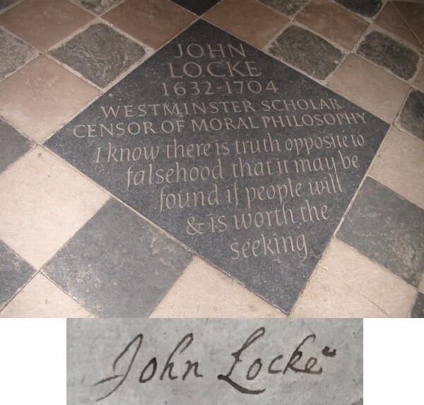 옥스퍼드대학교 크라이스트처치(Christ Church) 대성당 바닥에 설치된 존 로크 기념 명판과 본인의 서명. (위키피디아)