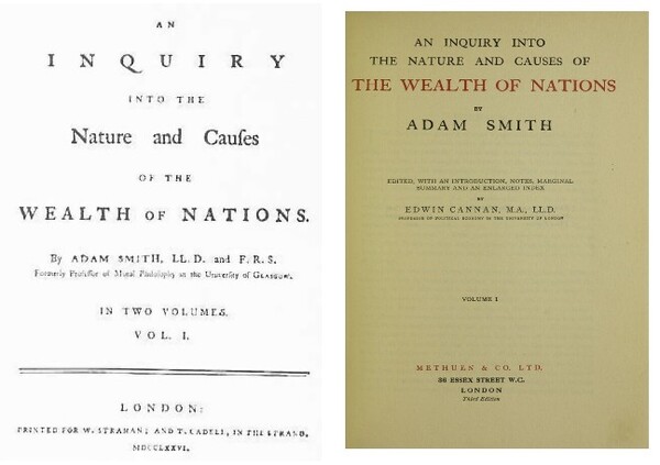 '국부론' 1776년 런던판 첫 페이지(왼쪽)와 1922년 출판된 에드윈 캐넌(Edwin Cannan)의 편집본. (위키피디아)