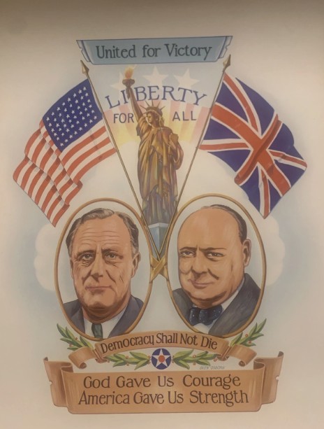 처칠과 루스벨트는 미국과 영국의 견해차에도 불구하고 진지하고 성숙한 정상 외교를 통해 공동의 목표를 찾았다. 나치 독일을 위시한 추축국들을 완전히 물리쳐야 한다는 데 합의하고 최고의 동맹 관계를 유지했다. 처칠과 루스벨트의 연대감을 강조하는 포스터. (Artist: Glen Osborn)