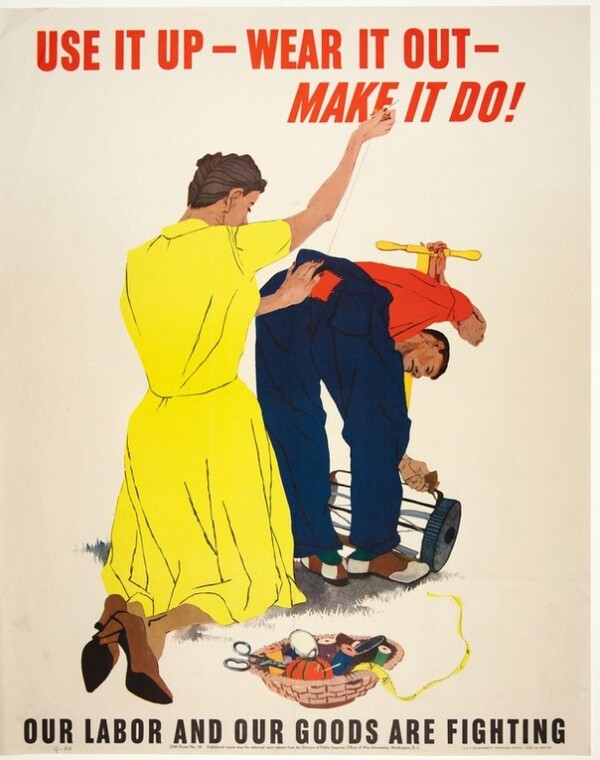 해진 옷은 꿰매 입어 승리에 도움을 주자는 낭비 근절 메시지를 담은 포스터. 전쟁 전에는 미국에서 찾아보기 힘든 메시지이다. (Franklin Delano Roosevelt Presidential Library and Museum)