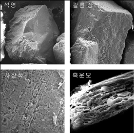 모래의 전자현미경 사진. 사장석과 흑운모에는 많은 요철과 구멍들이 있다. @정기영