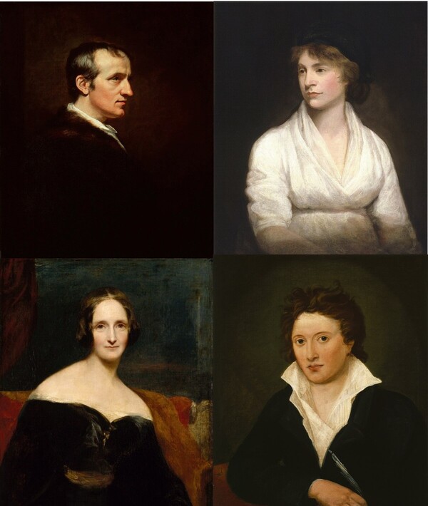 골드윈 가족. 왼쪽 위부터 시계 방향으로 골드윈, 부인 메리 울스턴크래프트, 사위 퍼시 셰리, 딸 메리 셸리. (위키피디아 종합)