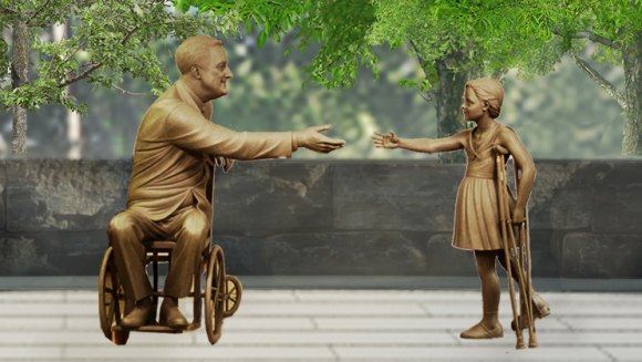 척추성 소아마비로 휠체어에 의지해야 했지만, 12년 동안 대통령직을 수행한 루스벨트. 그는 신체장애가 있는 미국인들에게 희망과 감동을 주었었음을 형상화한 뉴욕 루스벨트 아이랜드의 기념 동상. (Roosevelt Island Operating Corporation)