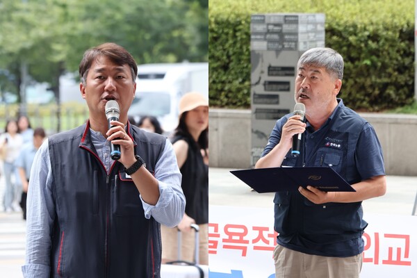 미국의 강압적 관세 협상 등 자주권 침해에 맞서 노동자들이 자주권을 지키기 위해 함께 힘을 모을 것이라 선언한 양경수 민주노총 위원장(왼쪽)과 김동명 한국노총 위원장. 2025.8.15. 사진=임석규 시민기자