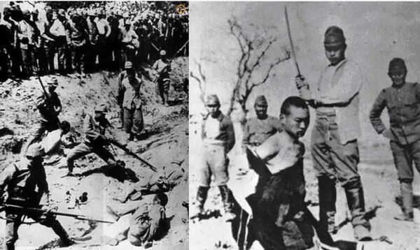 중국대륙을 침략한 일제 병사들의 중국인 학살. 오른쪽은 군도로 중국인 목을 베는 장면.   나무위키