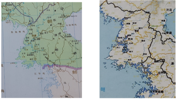 담기양의 '중국 역사지도'(왼쪽)와 '동북아역사지도'에서 비정한 낙랑군의 위치.