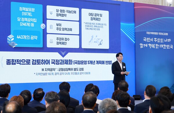 이한주 국정기획위원장이 13일 청와대 영빈관에서 열린 국정기획위원회 국민보고대회에서 발표하고 있다. 2025.8.13. 연합뉴스