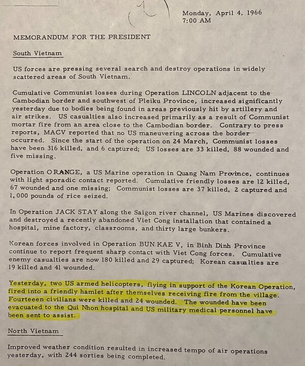 한국군 작전을 지원하기 위해 출동한 미군 헬리콥터의 폭격으로 민간인 38명이 죽고 다친 사건을 존슨에게 전하는 상황 보고서. 우호적인 마을로 분류됐지만, 누군가 총을 쏘았으니, 적의 마을로 간주했다. 자료 : 이길주 시민 기자