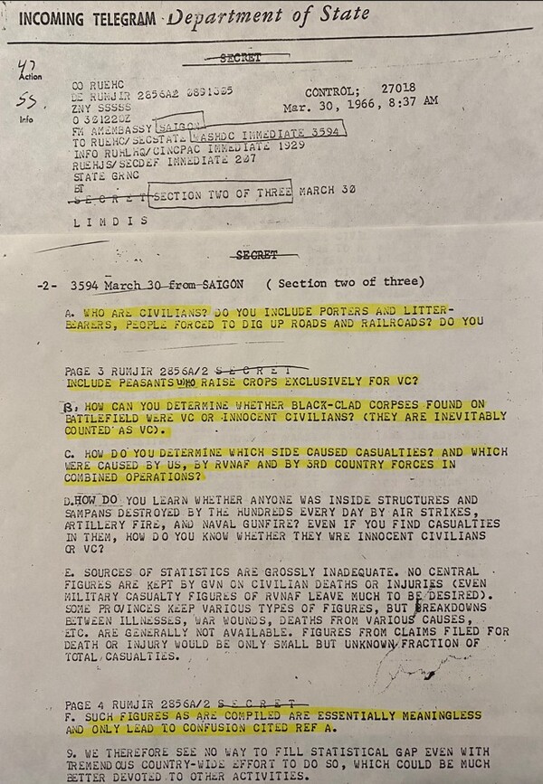 과연 베트남 전쟁에서 누가 민간인이냐를 따지는 사이공주재 미대사관이 국무부에 보낸 비밀 전문 (이길주 시민 기자 제공)