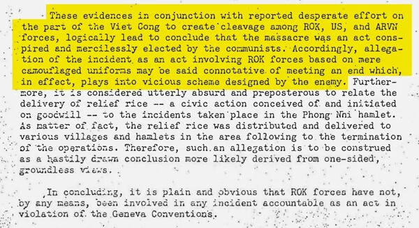 퐁니, 퐁넛 학살 사건은 없었으며 이는 베트콩의 심리전이란 채명신 주베트남 한국군 사령관의 주장이 담긴 미군 조사 보고서. (NARA, CNN)