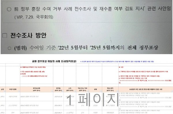 윤석열 정부 당시 훈장 수여를 거부한 사례 및 재수훈 여부를 검토하라는 'VIP' 지시 내용을 담은 공문(위 사진)과 사례 조사 엑셀 파일. (포상업무 담당교사 장** 선생님 제공)