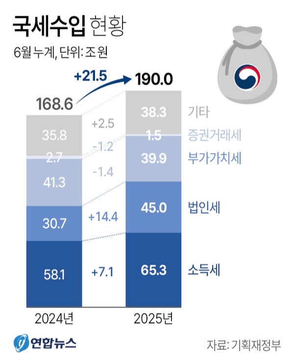 2024년과 2025년 6월 누계 기준 국세 수입 현황.
