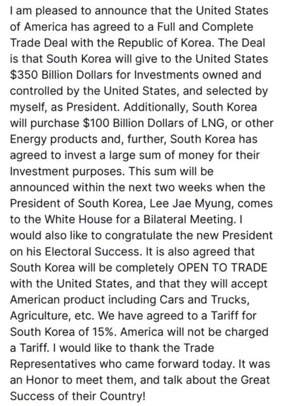 도널드 트럼프 미국 대통령이 한미 관세협상 타결 소식을 전한 7월 30일 자 X 계정 게시글. 