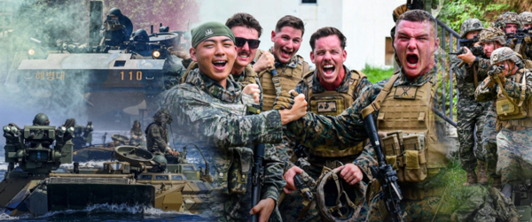 지난달 31일부터 포항에서 한미 해병대의 연합작전 수행 능력과 상호운용성 향상을 위한 미 해병대의 한반도 전개 훈련(Korea Marine Exercise Program) 중인 한미 병사들. 2025. 08. 06. 연합뉴스 영상 캡쳐