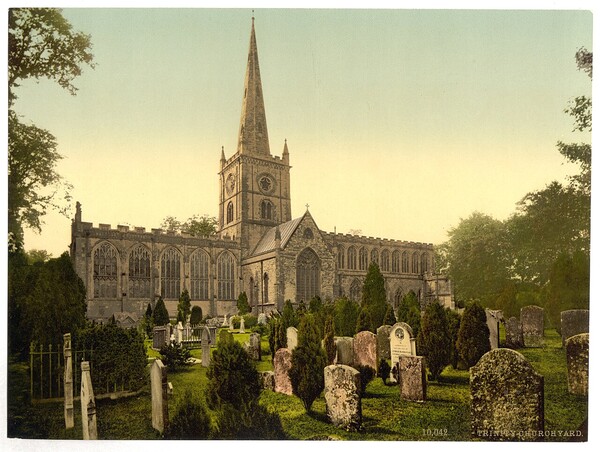 셰익스피어가 세례를 받고 묻힌 스트랫퍼드어폰에이번의 홀리 트리니티 교회.(위키피디아)