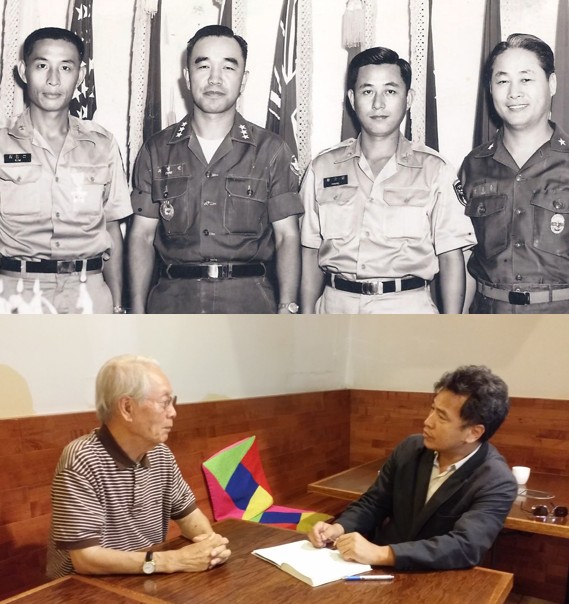 위 사진은 '주월 한국군 사령부' 부사령관을 지낸 김용휴 예비역 장군(맨 오른쪽)의 당시 모습. 왼쪽에서 두 번째는 채명신 사령관. 아래 사진은 10년 전 필자(오른쪽)와 인터뷰하는 김용휴 장군. 사진=이길주 시민기자 제공