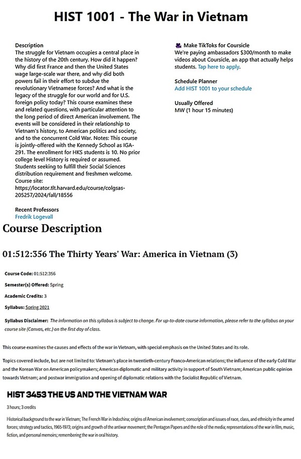 미국 대학들이 제공하는 베트남 전쟁 역사 강좌 표본. 하버드 대학(위), 럿거스 뉴저지 주립대학 (가운데), 뉴욕시립 브루클린 칼리지(아래). 사진=이길주 시민기자 제공