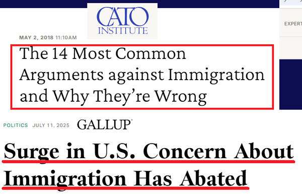 사진 2. 위쪽. 반이민 논리를 반박하는 카토 연구소(워싱턴 DC 소재 싱크탱크)의 자료(2018년 5월 2일); 아래쪽. 이민 문제에 대한 시민들의 우려가 크게 줄었다는 내용을 담은 갤럽의 여론조사 자료(갤럽 2025년 7월 11일).