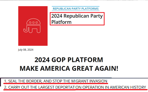 사진 3. 공화당 2024년 선거공약집 표지와 이민 관련 공약 발췌, 첨부.