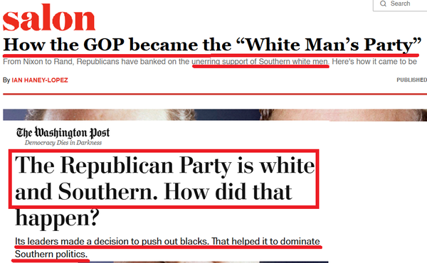 사진 4. 위쪽. “공화당은 어떻게 해서 ‘벡인 남성의 정당이 됐을까?’”(살롱, 2013년 12월 22일); 아래쪽. 거의 같은 제목의 워싱턴포스트 칼럼(2020년 2월 7일).