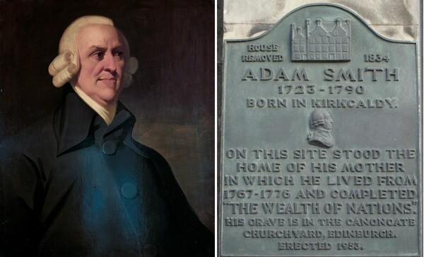 '국부론'을 쓴 애덤 스미스(왼쪽)와 그의 고향 스코틀랜드 커콜디에 세워진 기념비.