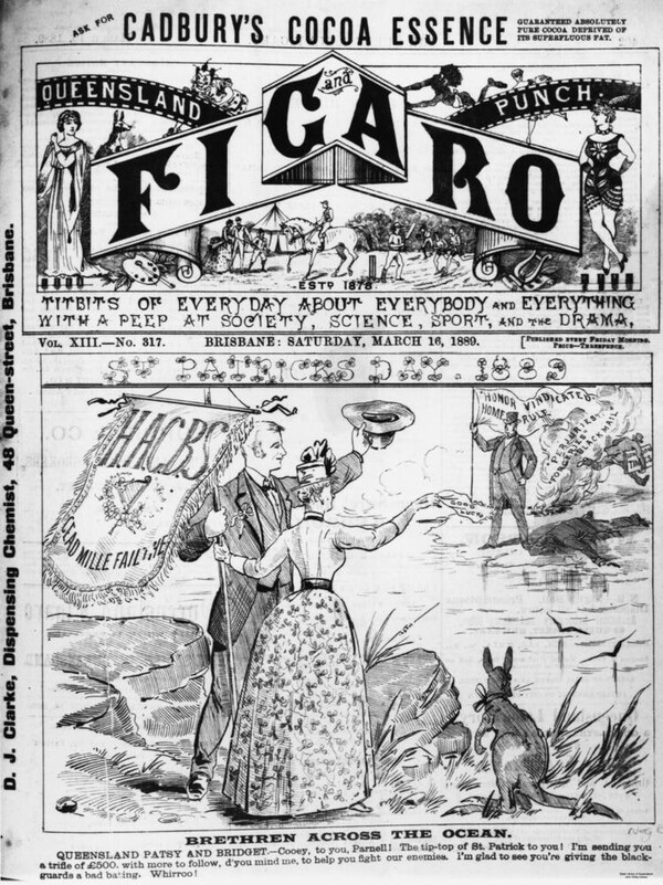1889년 3월 16일 퀸즐랜드 피가로 앤 펀치 표지에는 아일랜드계 호주인들이 파넬의 자치권 투쟁에 열광적인 지지를 보내는 모습이 묘사되어 있다.(위키피디아)