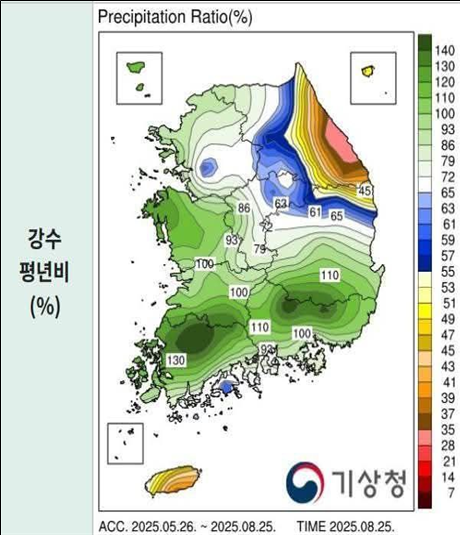 그림 1. 올해 5월~8월의 강수량 평년비: 강릉 부근은 연평균 대비 35% 이하의 강수량을 보이고 있다.