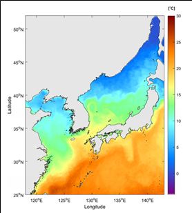 그림 3. 위성 관측된 한반도 해역의 수온(2023년 4월) (임채영 외 5인, 한반도 연안 해역에서의 Sentinel-3 A/B SLSTR 피층 해수면온도 검증, 한국지구과학회지, 2024년 10월호에서 재인용)