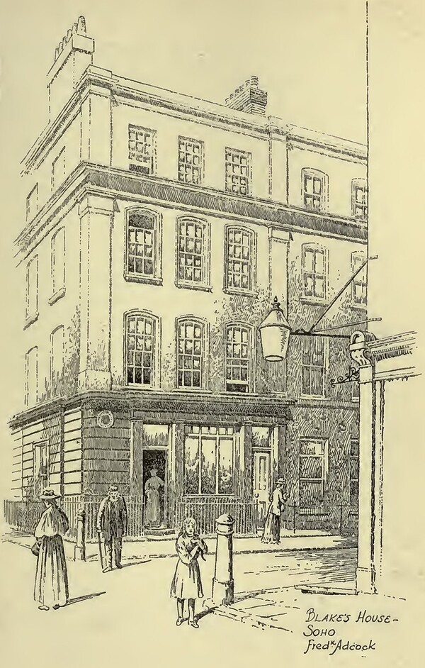 1912년 삽화에 나온 브로드 스트리트 28번지(현재는 브로드윅 스트리트). 블레이크는 이곳에서 태어나 25세까지 살았다. 이 집은 1965년에 철거됐다. (위키피디아)