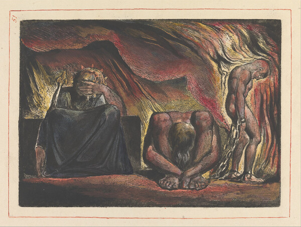 예루살렘에서 "마음으로 만들어진 족쇄"를 착용한 '스코펠드': 거대한 알비온의 발산, 51장. 블레이크 작품. (위키피디아)