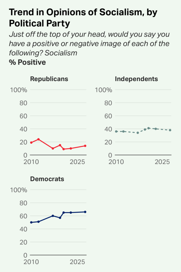 소속 정당별 미국인의 사회주의에 대한 견해 변화 추세. 2025. 09. 08 [출처. 갤럽] 시민언론 민들레