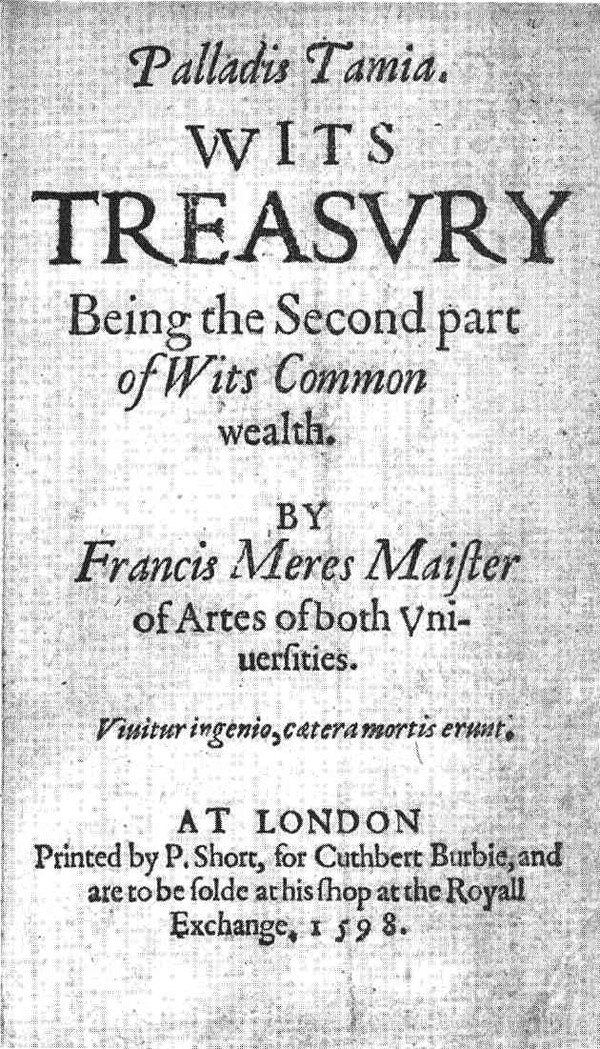 말로의 죽음에 대한 최초의 설명 중 하나가 포함된 프란시스 메레스의 1598년 판 팔라디스 타미아의 제목 페이지. (위키피디아)