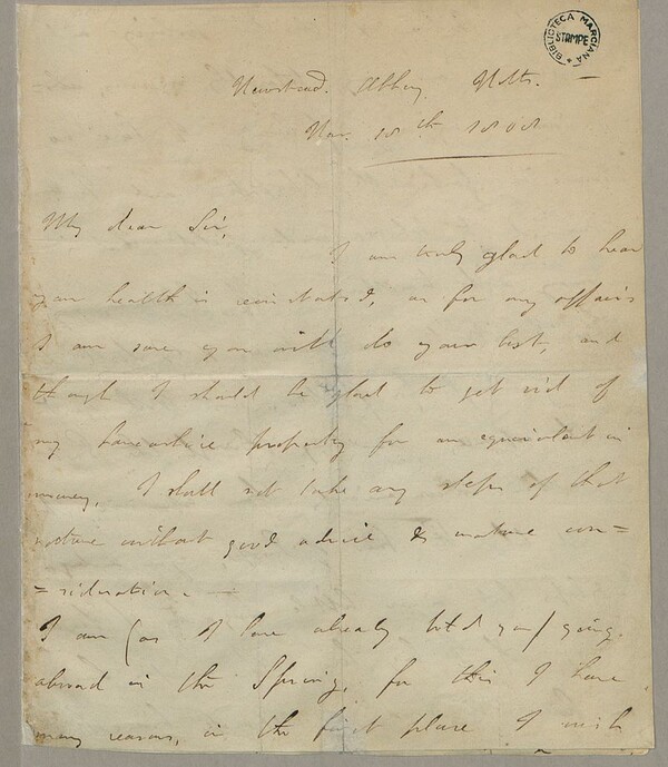 바이런이 자신의 변호사이자 사업 대리인인 존 핸슨에게 보낸 친필 편지. (위키피디아)