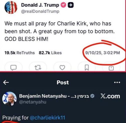 SNS에 올라온 트럼프와 네타냐후가 찰리 커크를 추모하는 글들 