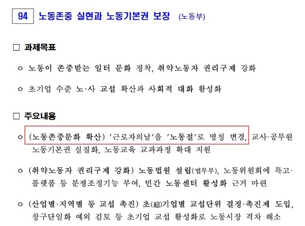 '이재명 정부 123대 국정과제' 중 근로자의 날 명칭을 노동절로 변경한다는 부분. 국정기획위원회 자료