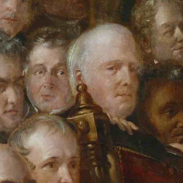 왼쪽에서 오른쪽으로, 스티븐 루싱턴, 존 이어들리-윌모트 경, 조나단 백하우스(1779~1842)와 루이 셀레스트 레세스네, 그리고 1840년 영국 및 외국 노예제 폐지 협회에 참석한 다른 사람들. 참고로, 이 그림은 훨씬 더 큰 그림에서 발췌한 것. (위키피디아)