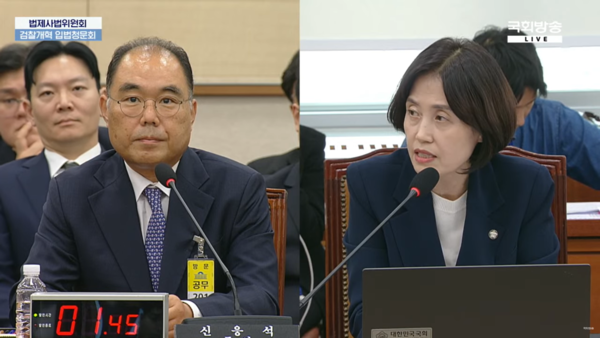 22일 국회 법제사법위원회에서 열린 '건진법사 관봉권 띠지' 분실 관련 검찰개혁 입법청문회에서 신응석 전 서울남부지검장이 박은정 위원 질의에 답하고 있다. 2025.9.22. 국회TV 갈무리