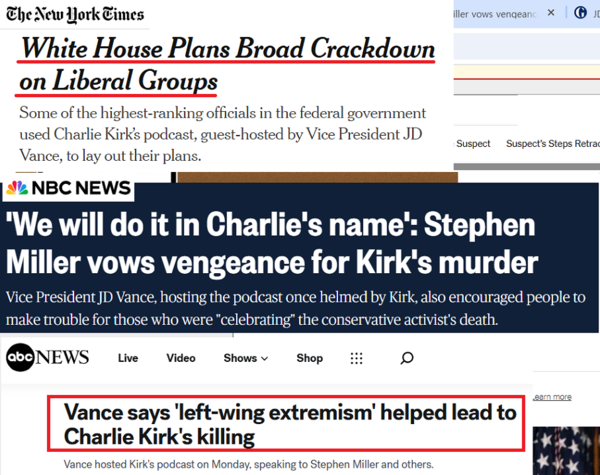 사진 1. 커크의 암살을 좌파의 책임으로 몰아가는 백악관의 발언들(위 9/15일 뉴욕타임스 “백악관, 진보성향 단체들 강력 단속 예정”; 중간 9/16일 NBC “커크의 복수를 다짐하는 밀러 백악관 정책 부실장”; 아래 같은 날 ABC “좌익 극단주의가 커크의 죽음을 불러왔다고 말하는 밴스 부통령”).