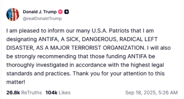 사진 4. 커크 암살 사태와 관련, 트럼프 대통령이 내놓은 대책의 하나(9월 18일, 소셜 미디어 포스팅).